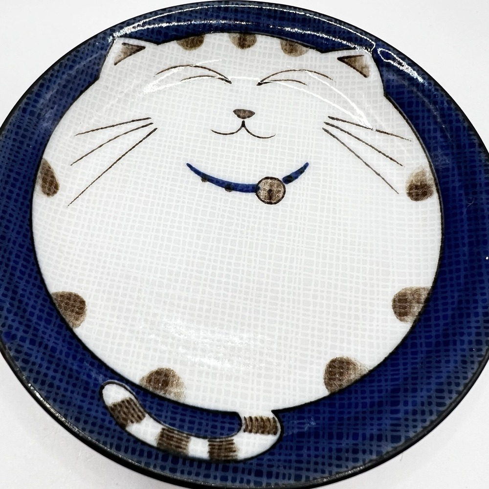 Happy Cat Sauce Bowl Blue Japan Warai Neko 4 1/2" Round Porcelain 1/2" Lip